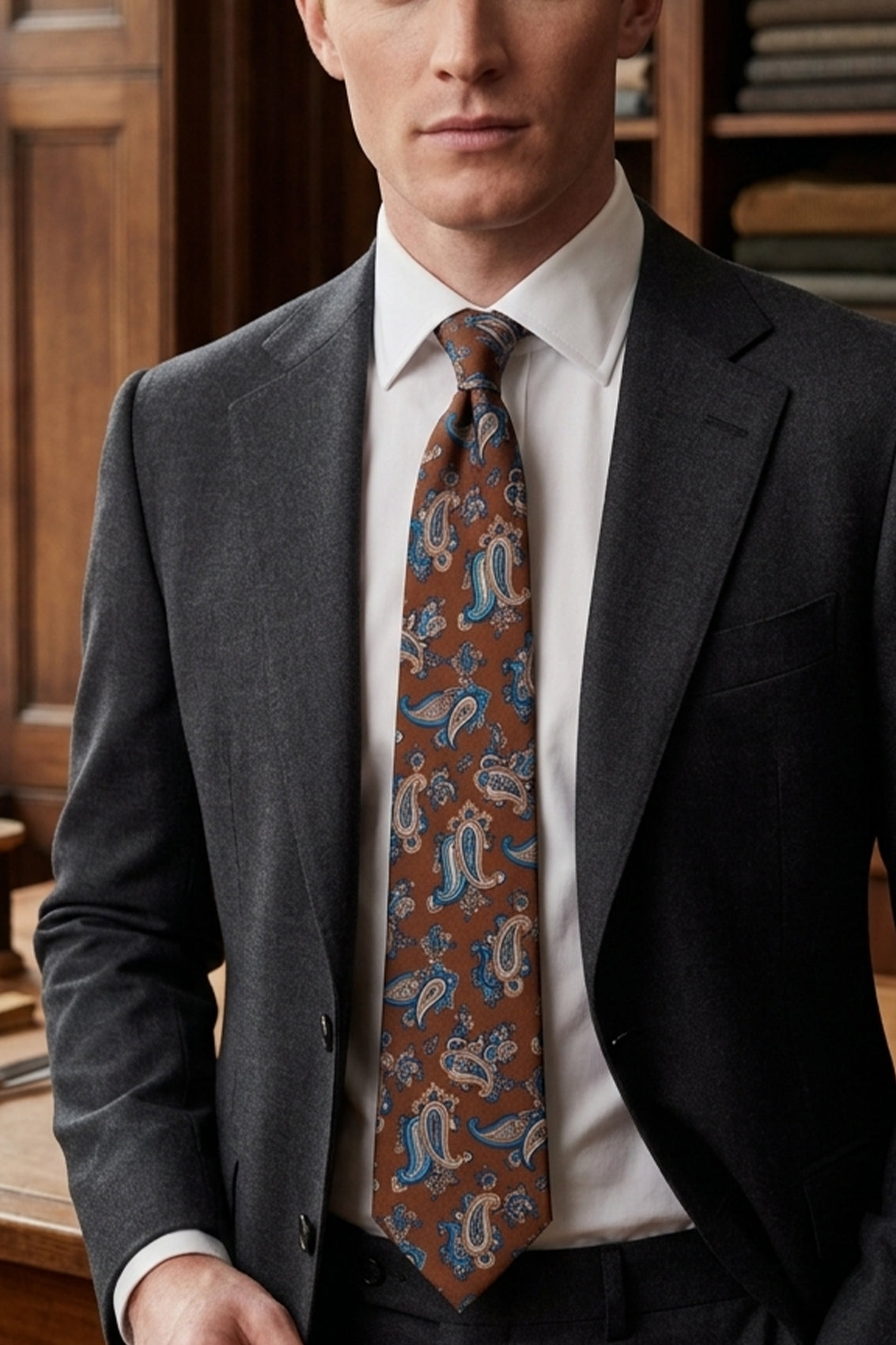 Paisley Print Brown tie with elegant design, perfect for weddings and formal occasions.