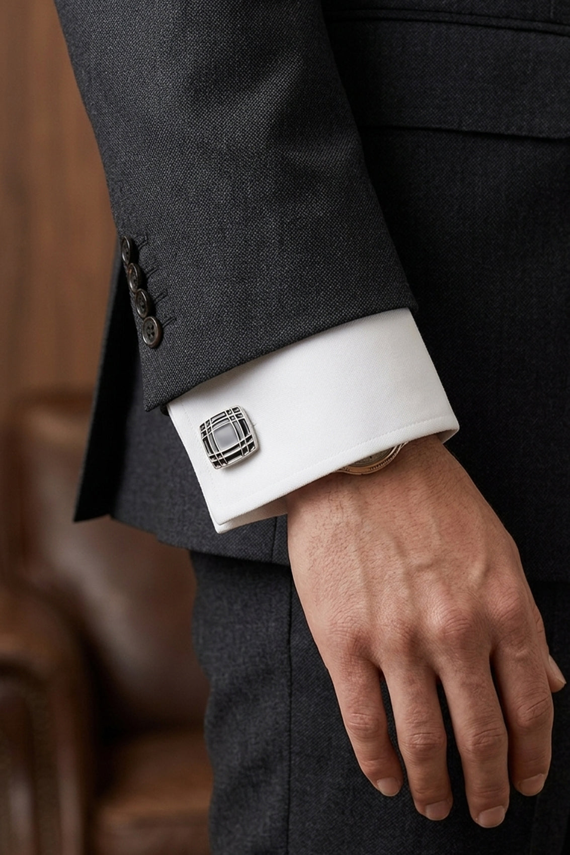 Grid Black Men’s Cufflinks with intricate black grid design, ideal for formal wear and weddings.