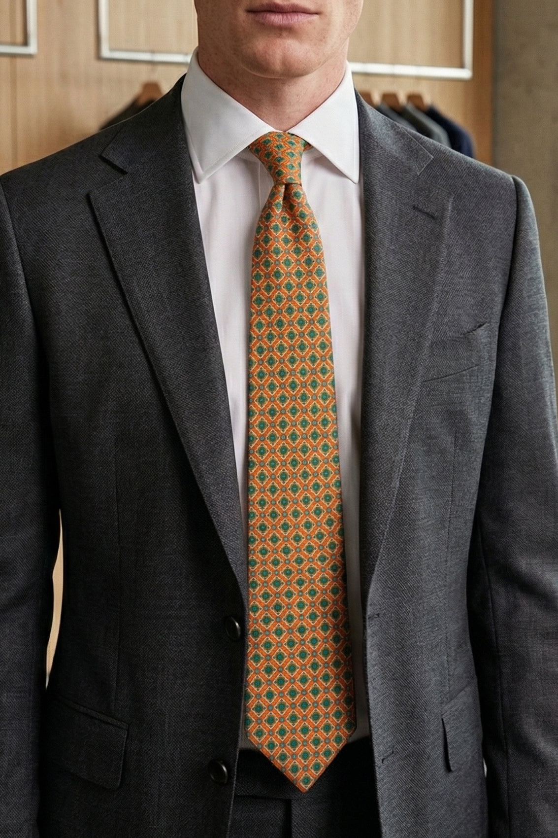 Orange Geometric Pattern Silk Tie with elegant design, perfect for weddings, formal occasions, and smart attire.
