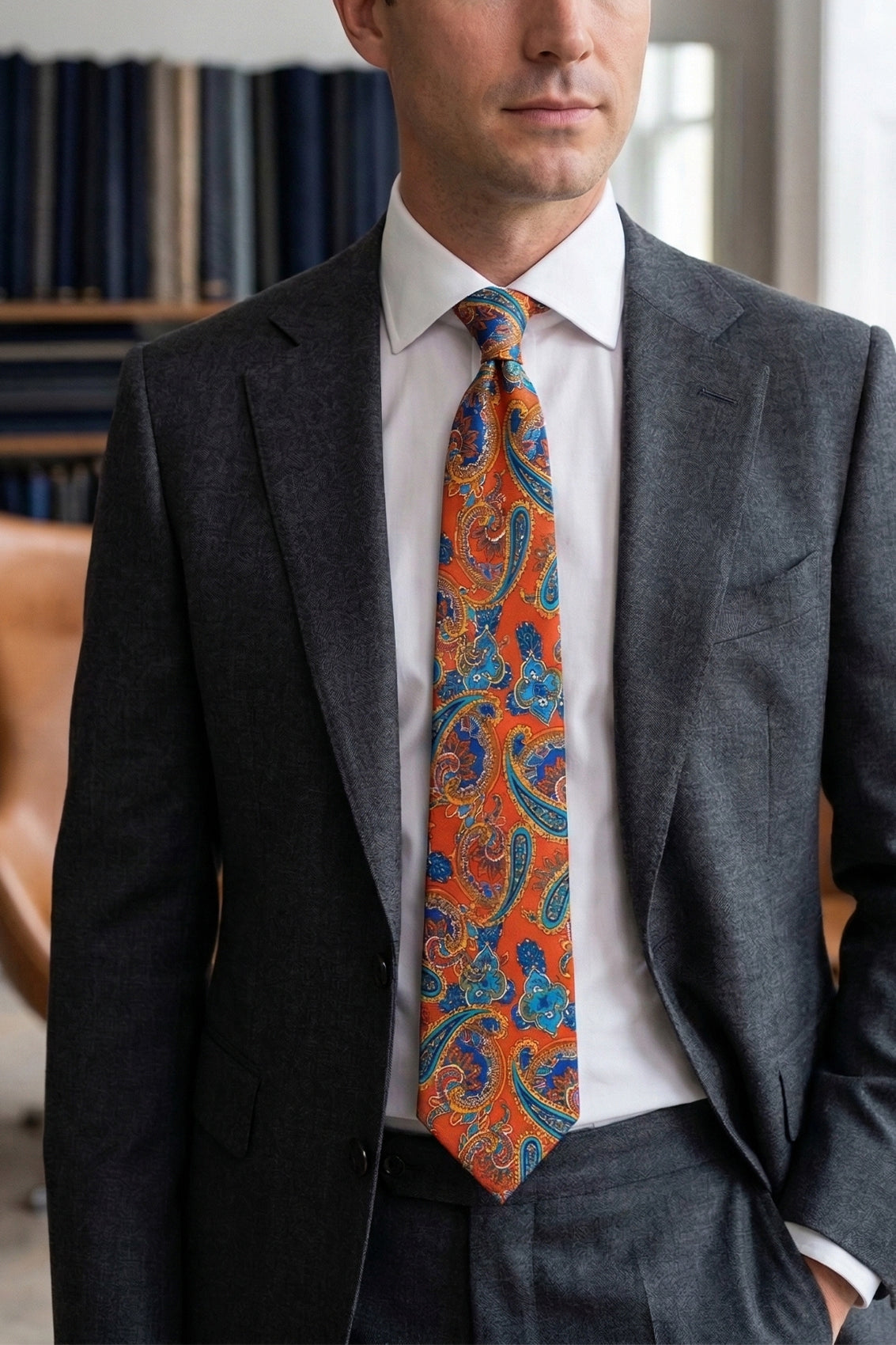 Print Orange tie with sophisticated design, perfect for weddings, office events, and casual wear.
