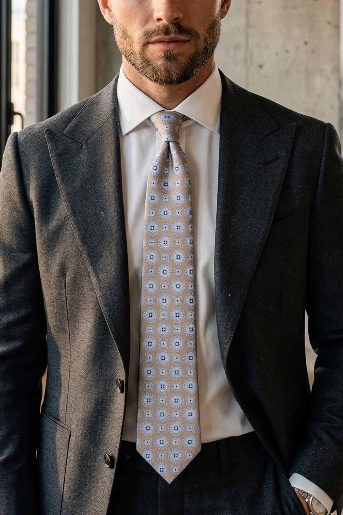 Dylan Blue/Brown tie with geometric pattern, ideal for formal events and everyday wear.
