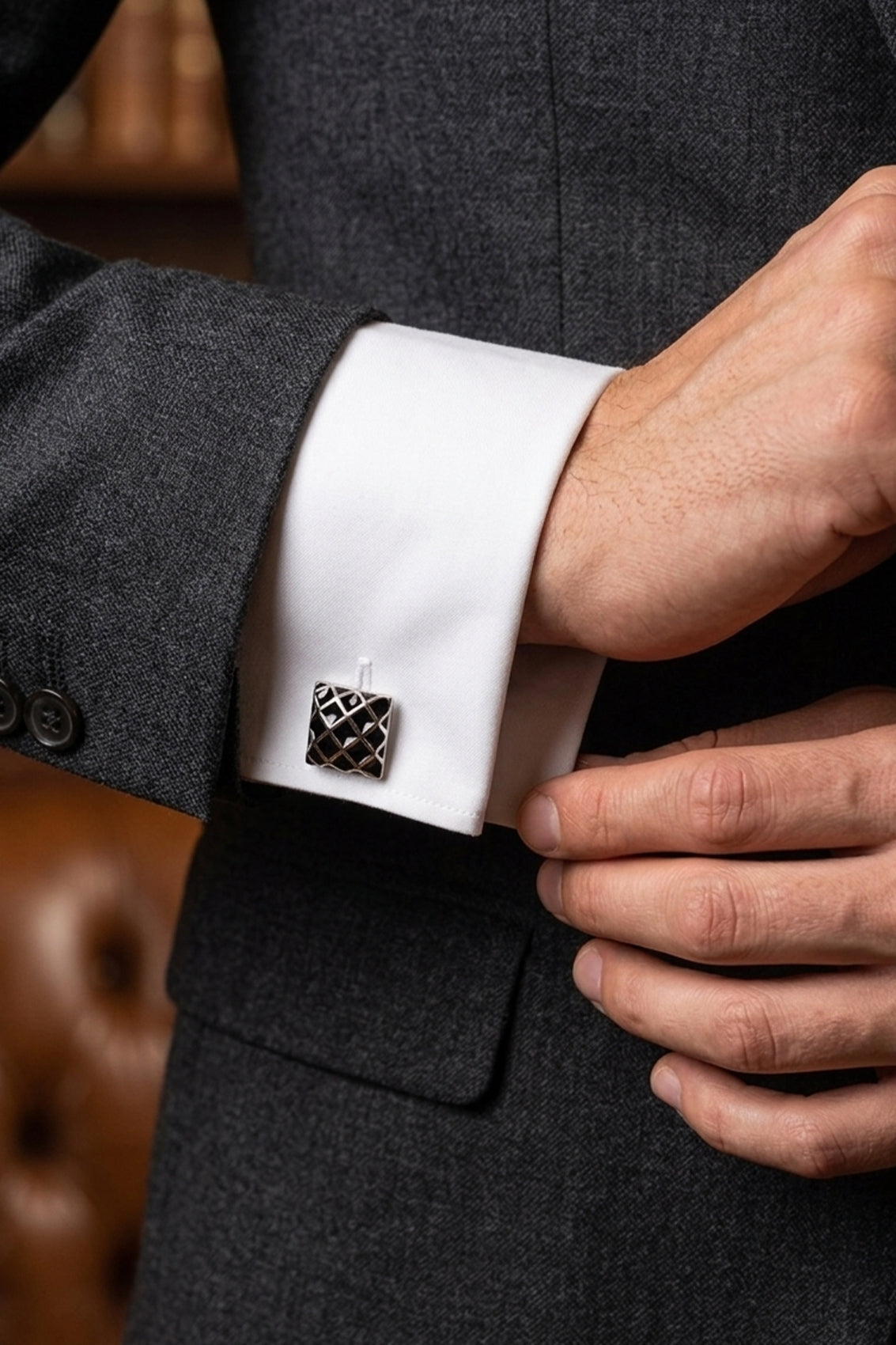 Dimon Silver Men’s Cufflinks with black and silver design, featuring a sleek modern finish ideal for weddings and formal occasions.