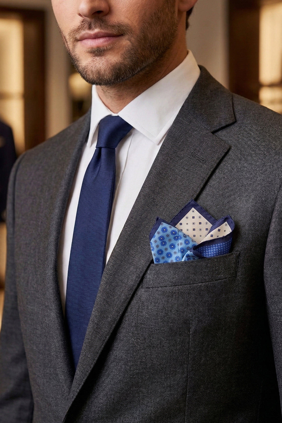 Blue silk pocket square handkerchief with four versatile folds, perfect for weddings, business attire, or refined casual wear.