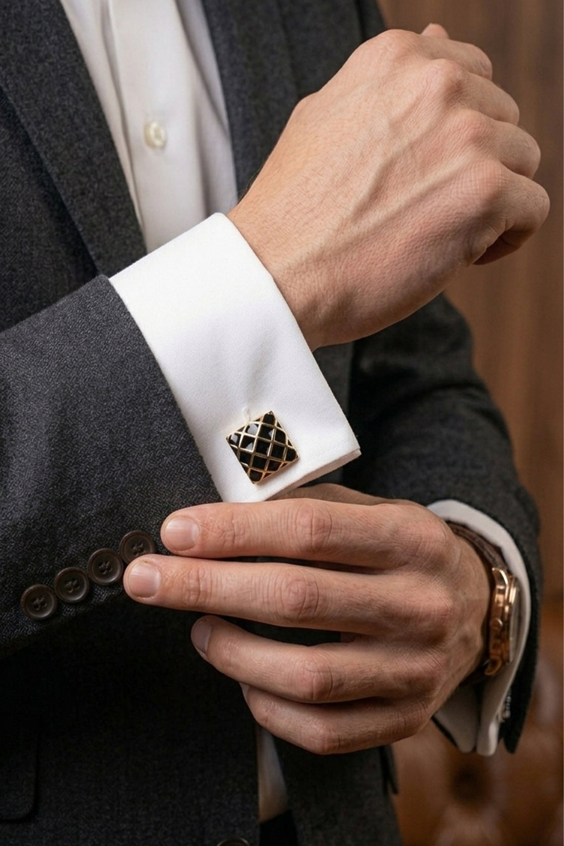 Dimon Gold Men’s Cufflinks with black and gold finish, featuring a luxurious, intricate design perfect for weddings and elegant formalwear.
