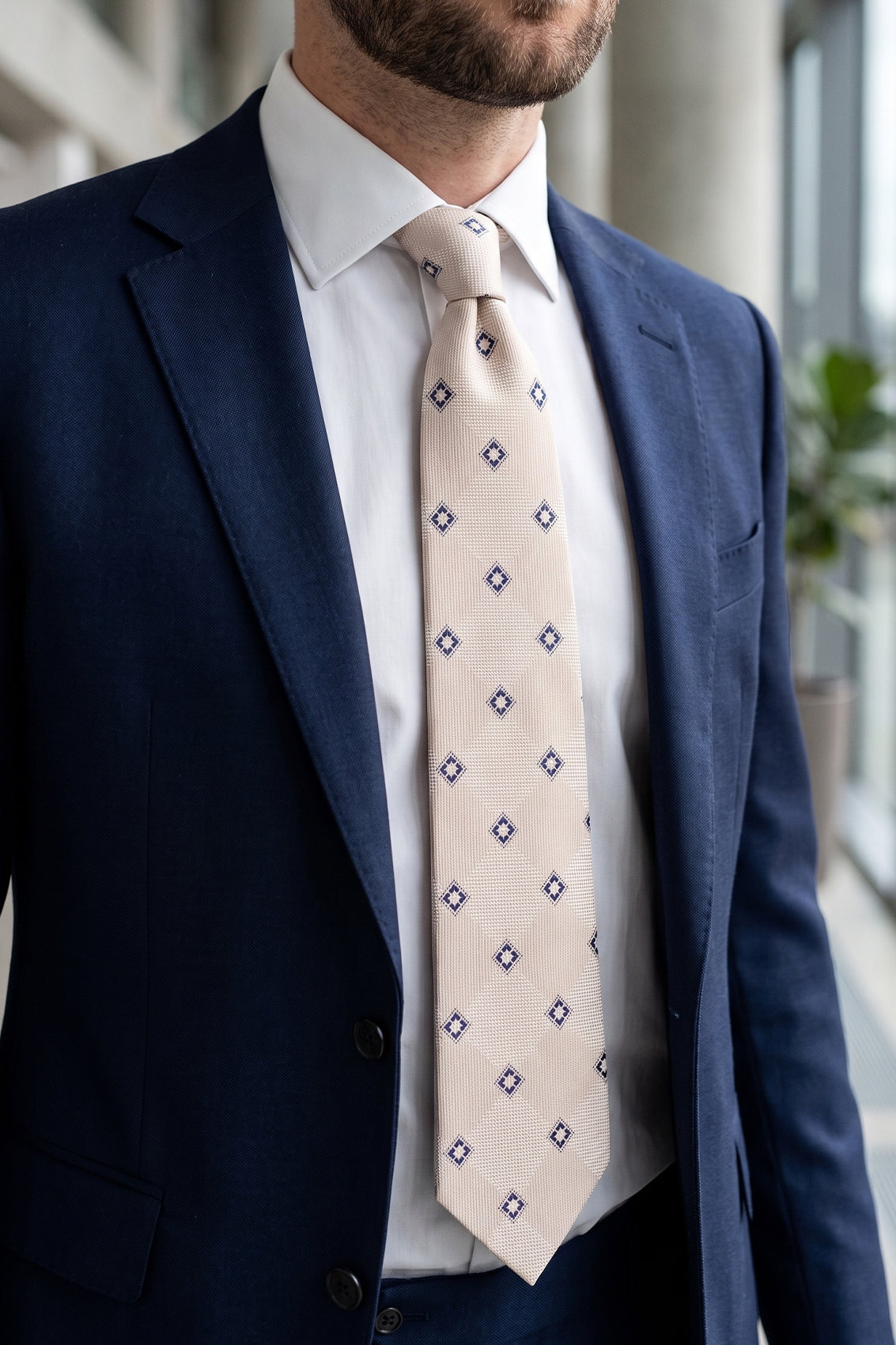 Cream Vintage Motif necktie for men featuring refined vintage-inspired pattern with soft cream tones and elegant detailed motifs for formal or semi-formal wear