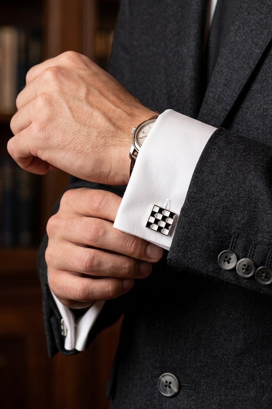 Chess Black/White Men’s Cufflinks with checkered black and white enamel design, ideal for weddings and formal occasions.
