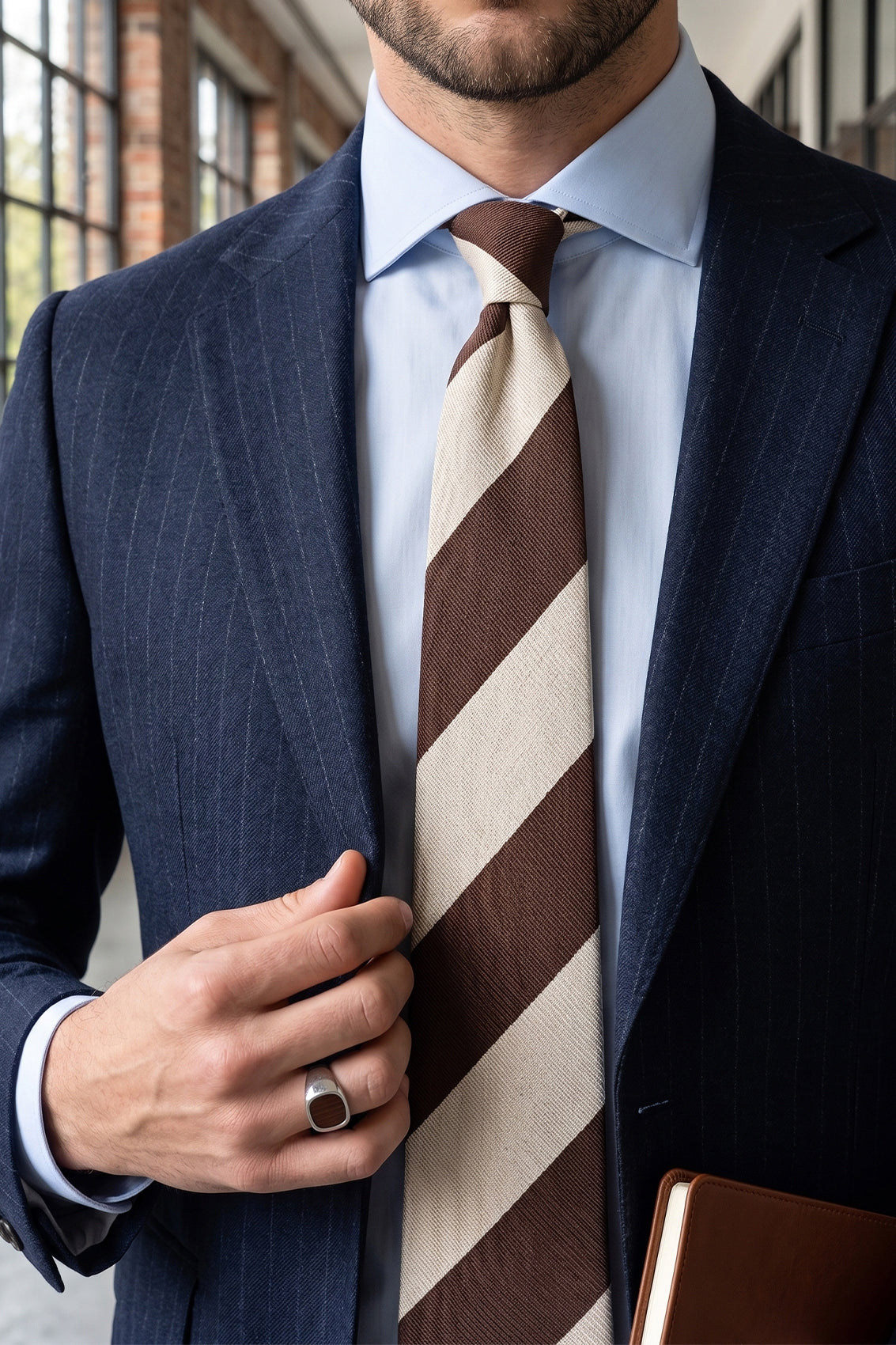 Brown White Stripes tie for men. Featuring a sophisticated combination of brown and white stripes