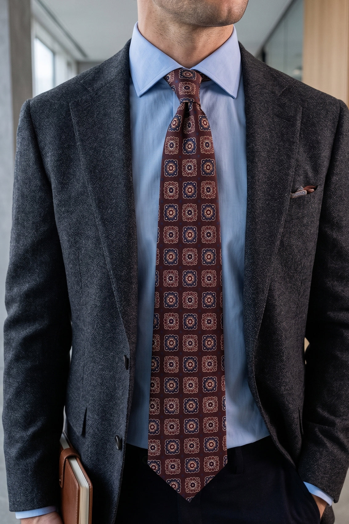 Brown Retro Squares tie for men, designed with a unique retro pattern, including a rich brown colour, paired with the classic square design