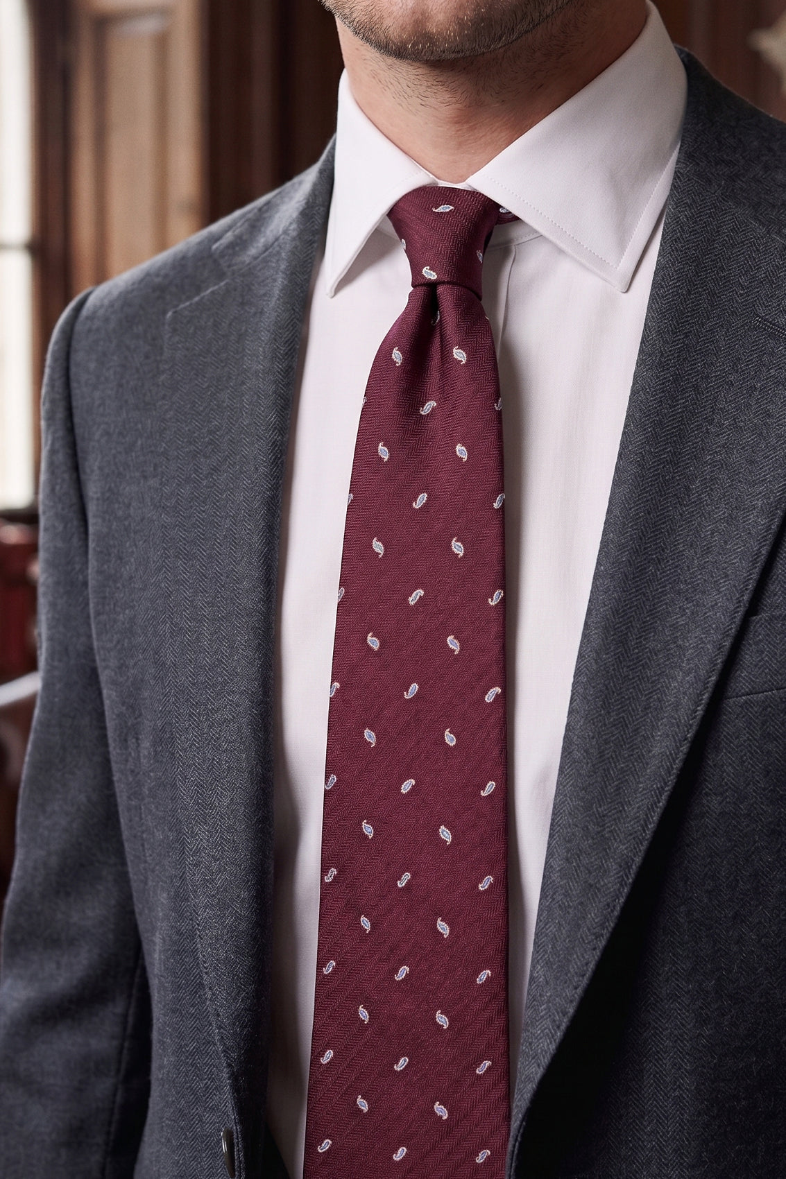 Bordo Micro Paisley tie for men featuring a rich burgundy paisley pattern, crafted to add elegance and sophistication to formal or semi-formal attire.