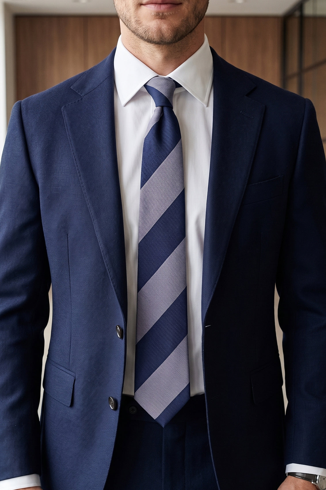 Blue Navy Stripes tie for men featuring a classic blend of blue and navy stripes, crafted from high-quality materials for a stylish and versatile formal or semi-formal look.