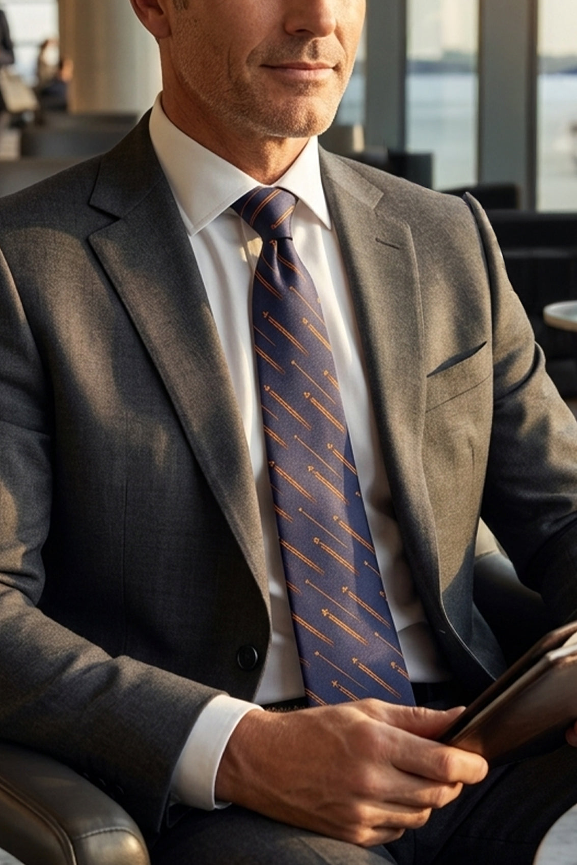 Fly Navy tie with airplane print design, perfect for weddings, casual events, and special occasions.