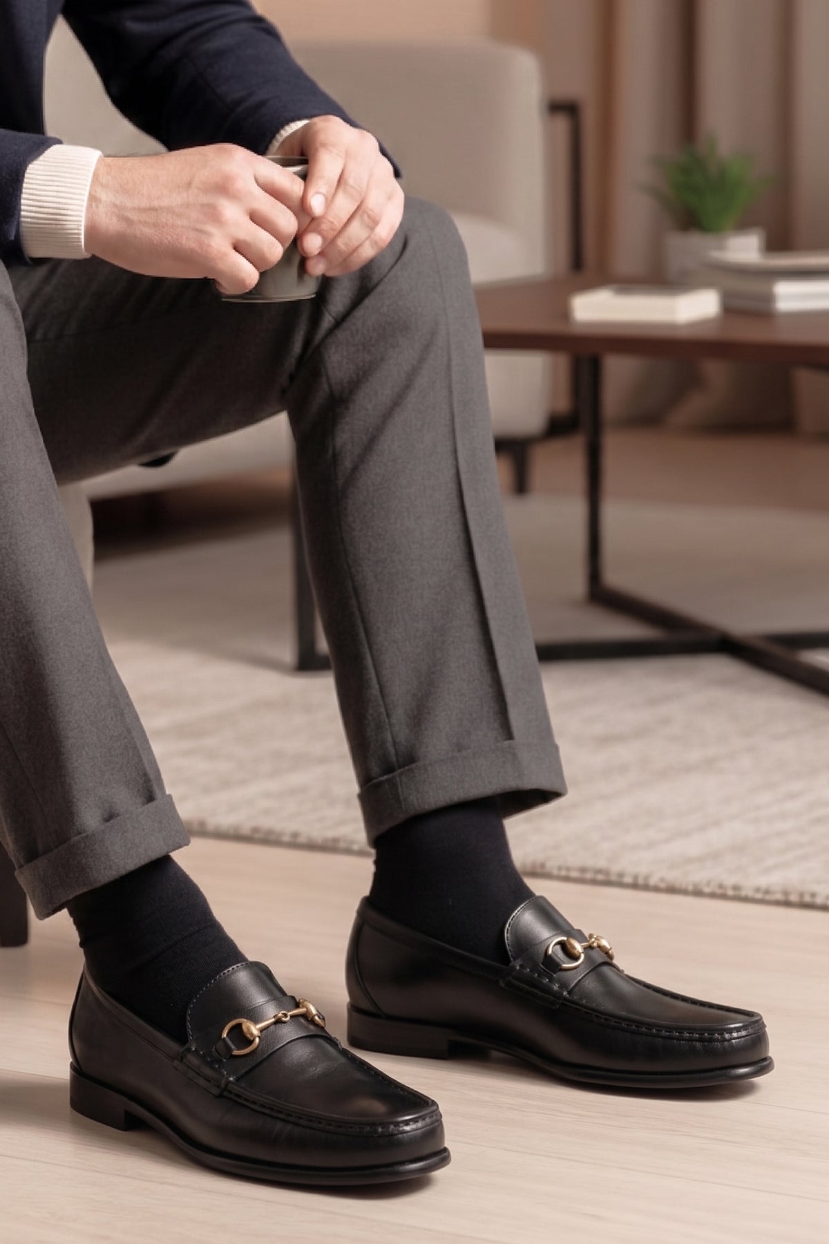 Samuel Black men's black leather horsebit loafers