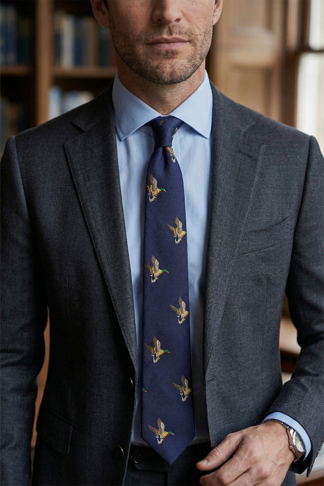 Mallard Navy Silk Tie with luxurious design and pocket square, perfect for weddings and formal occasions.