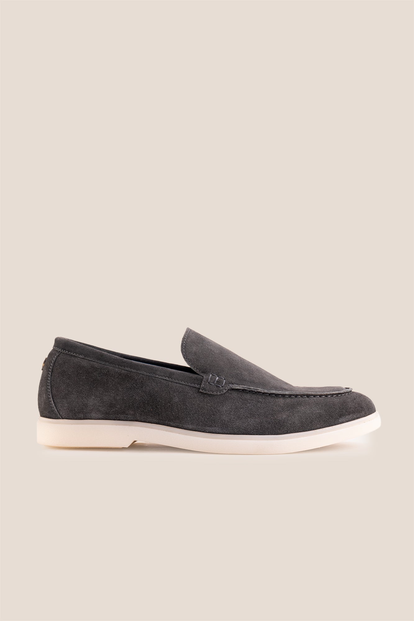 Side view of Oswin Hyde Morgan Grey suede loafers