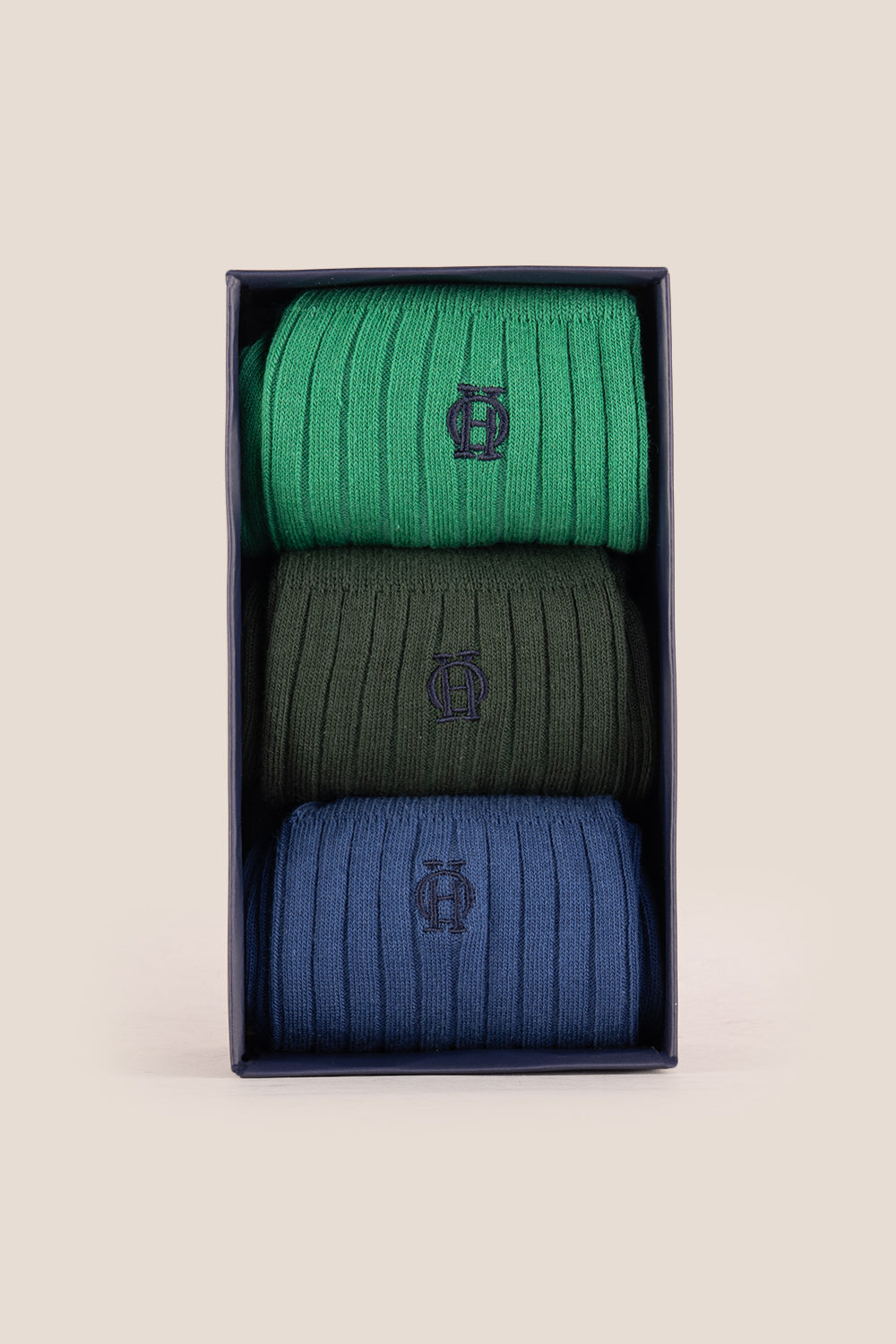 Oswin Hyde Serene three pack socks in blues and greens for men, offering premium style and sophistication.