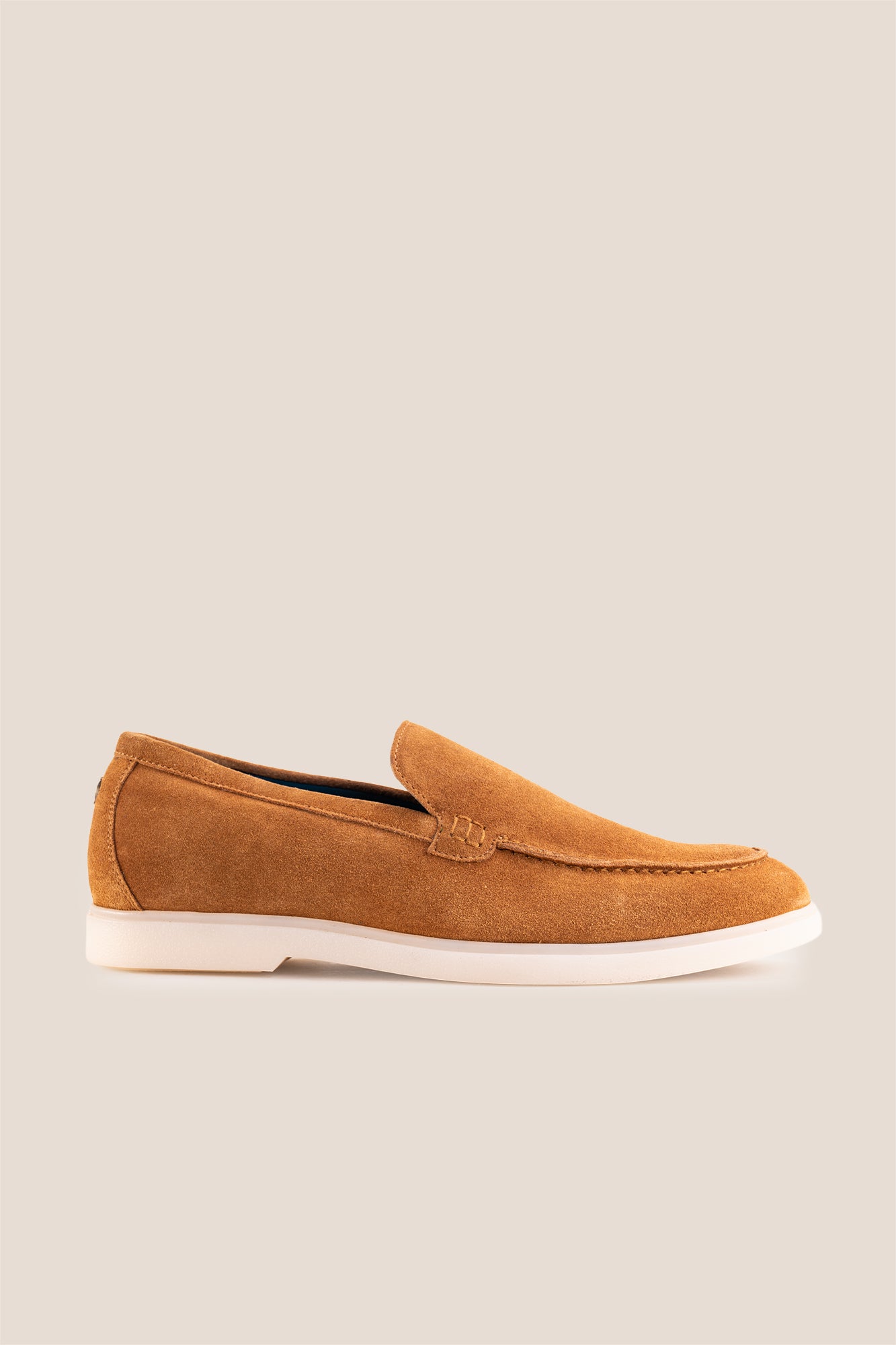Side view of Oswin Hyde Morgan Tobacco suede loafers