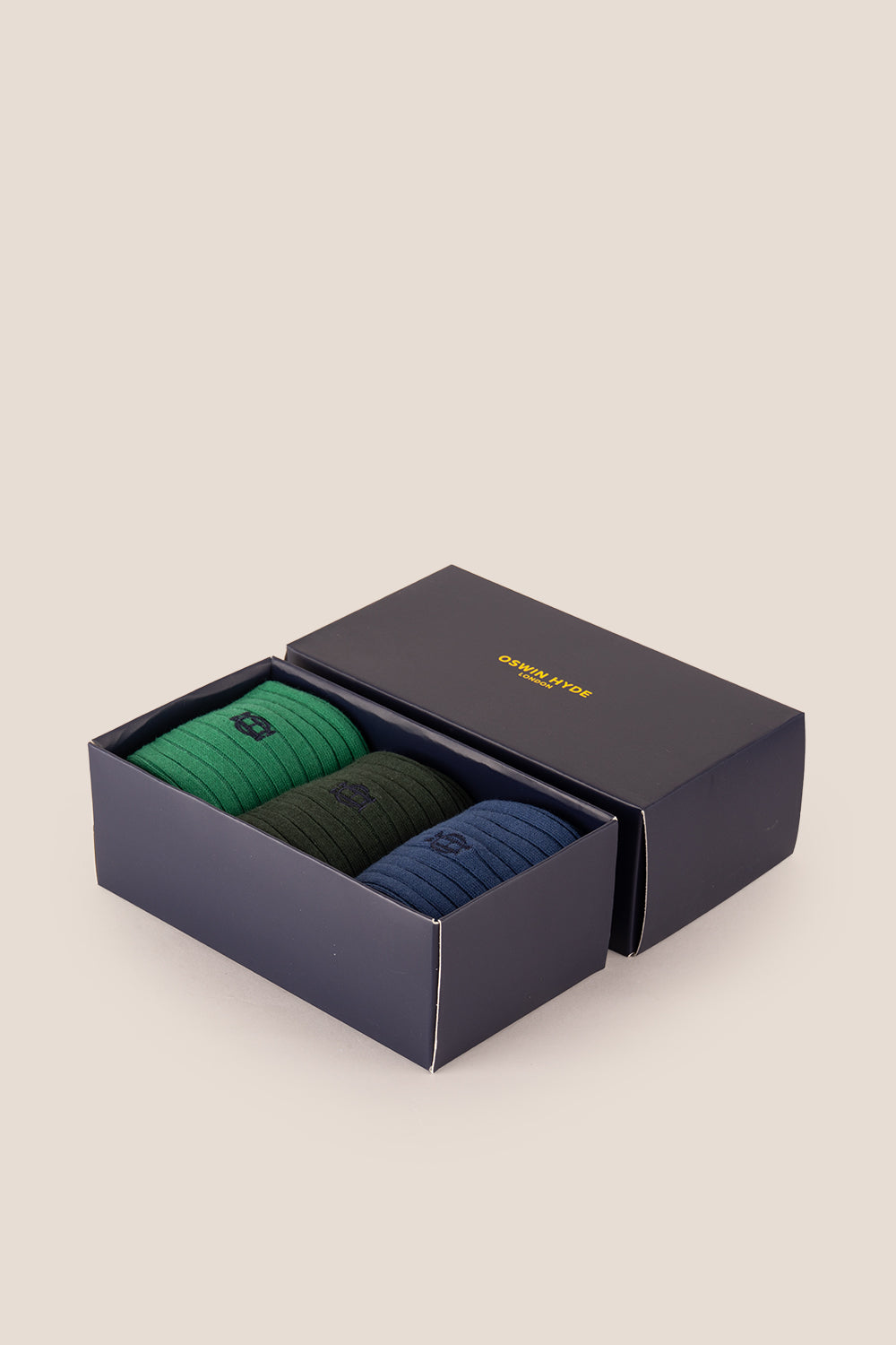 Oswin Hyde Serene three pack socks in blues and greens for men, offering premium style and sophistication.