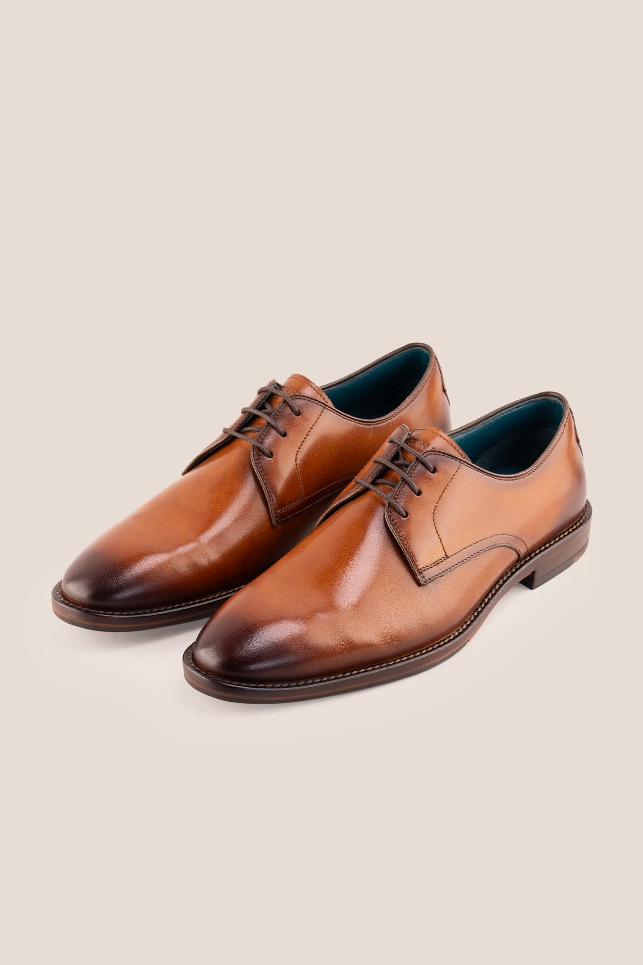 Nathan tan leather Derby shoes for men featuring a 3-eyelet design, breathable lining, and durable leather sole for formal and smart casual occasions.