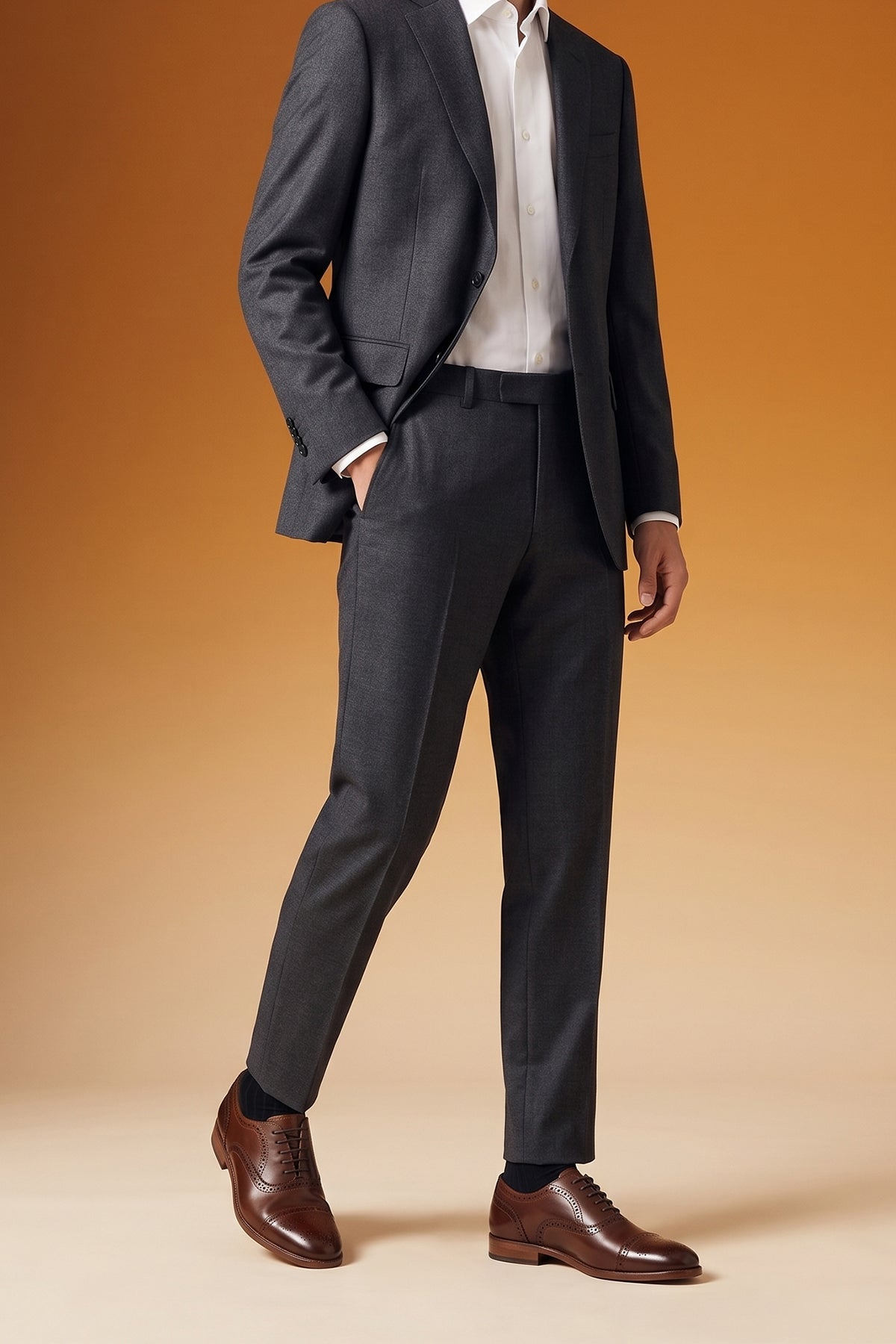 Model wearing Westminster Brown men's brown leather toe-cap Oxford brogues