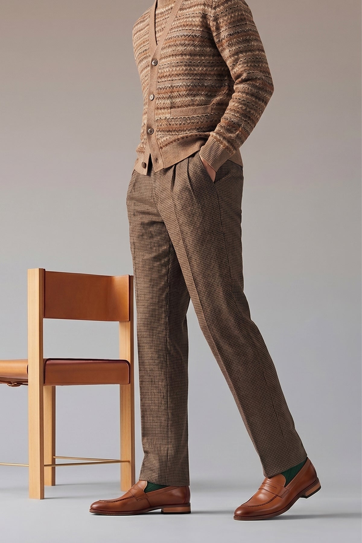 Model wearing Wyatt Tan classic men’s loafer made from premium crust leather by Oswin Hyde, showcasing timeless style and craftsmanship.
