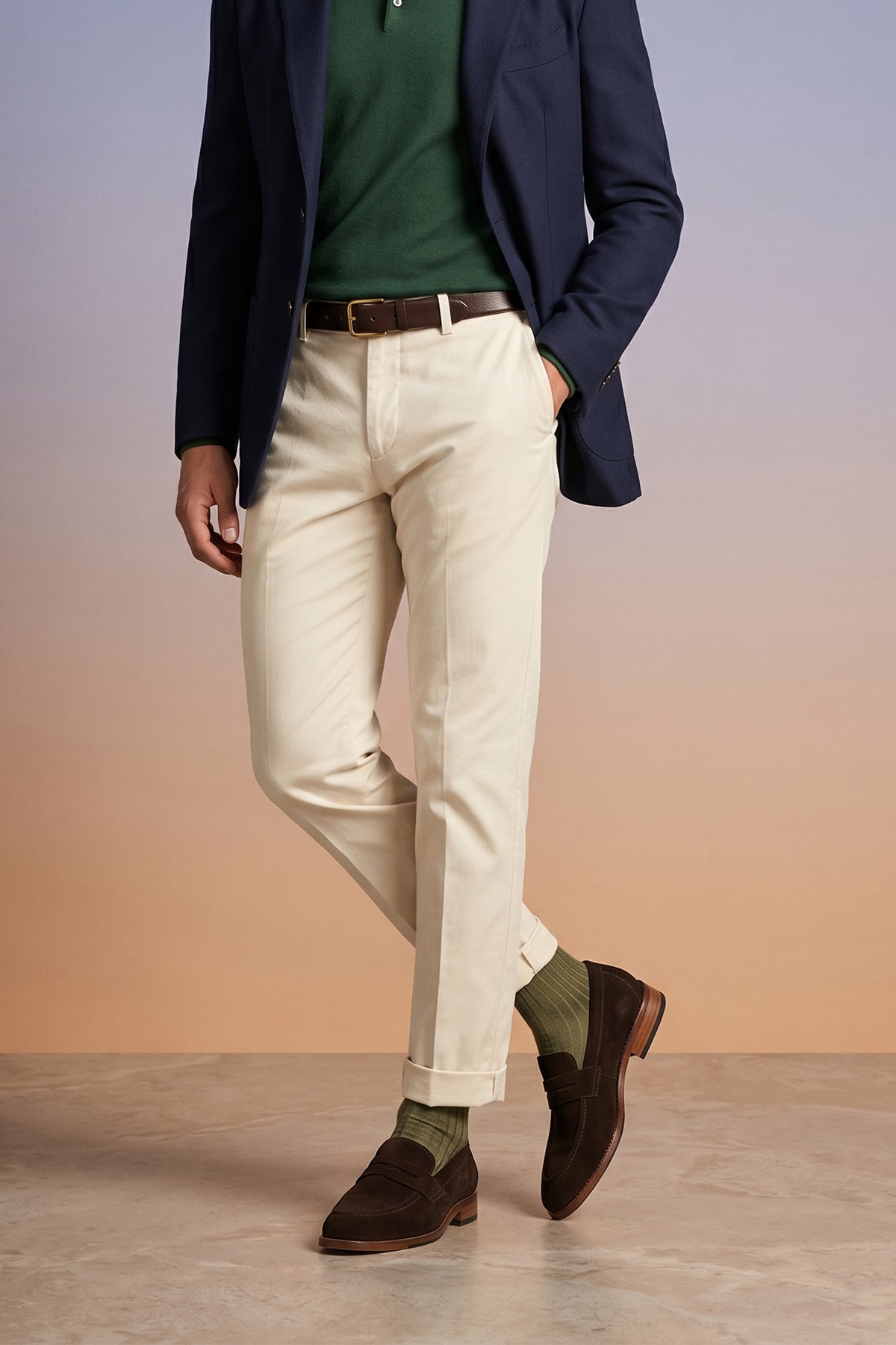 Model wearing Wyatt brown suede loafers for men in premium crust leather, combining soft luxury with timeless loafer design—ideal for elegant, everyday wear.