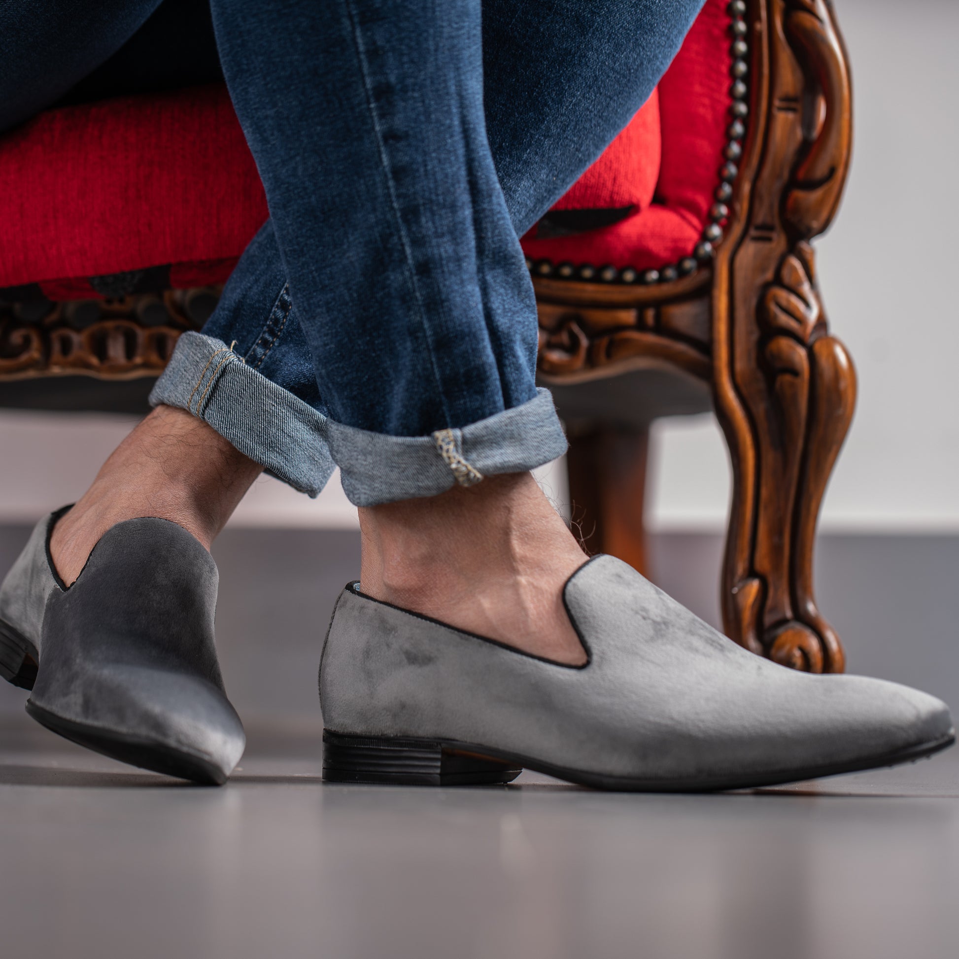 model wearing Men's Grey velvet loafer smoking slipper