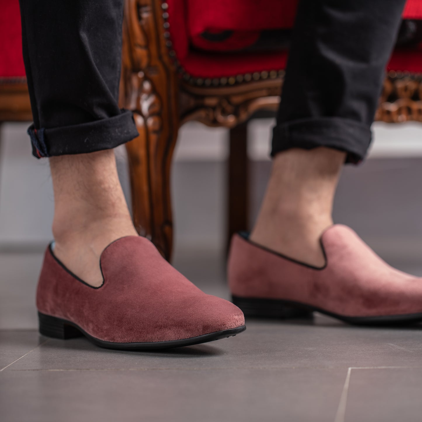 model wearing Men's salmon velvet loafer smoking slipper 
