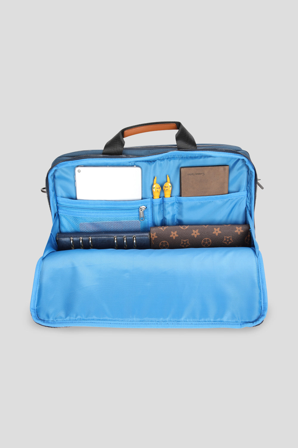 Euston office laptop bag in navy colour for men from oswin hyde open bag