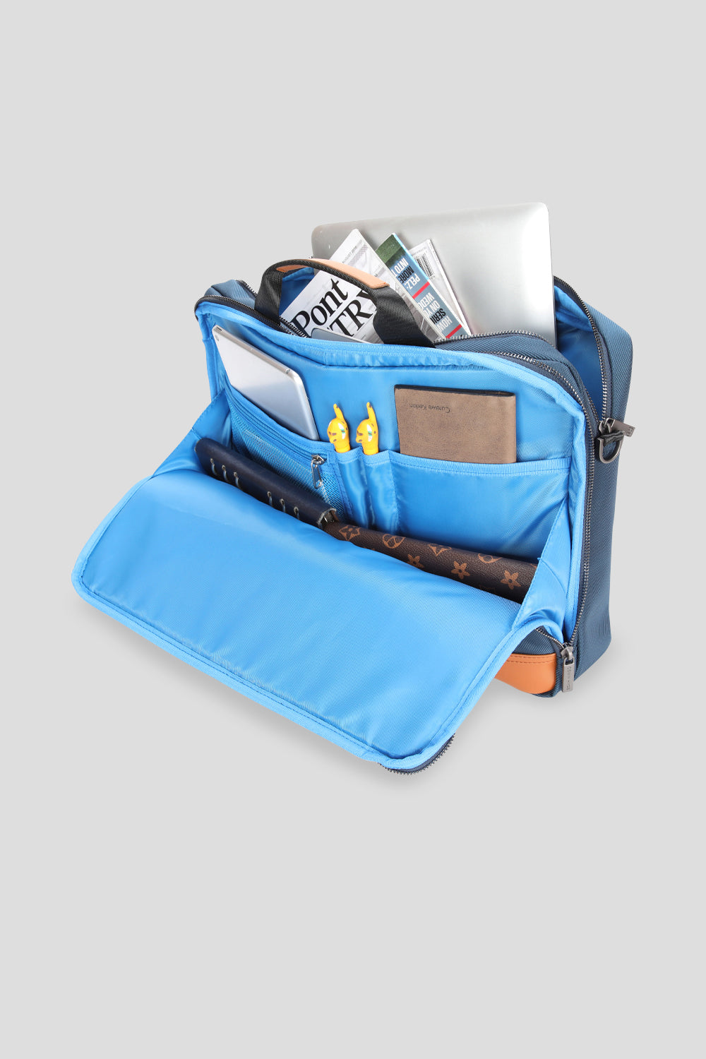 Euston office laptop bag in navy colour for men from oswin hyde open bag